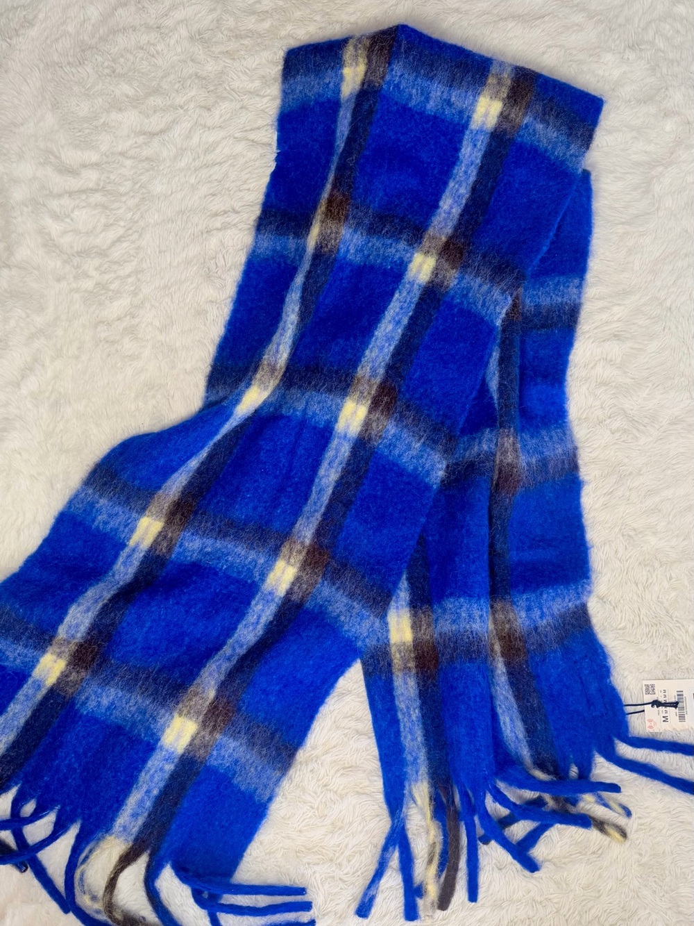 Zara Royal Blue Plaid Fringed Scarf with Cream & Black Stripes